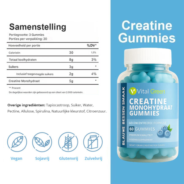 Vital Green Creatine Monohydraat Gummies – 60 stuks | Creatine Gummies voor spiergroei en kracht