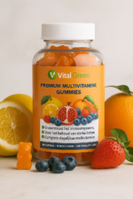 Een heldere close-up foto van de Vital Green Premium Multivitamine Gummies pot op een stenen ondergrond, omringd door verse vruchten zoals citroen, granaatappel, bosbessen en een aardbei. Naast de pot ligt een losse oranje gummy beer.