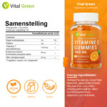 Voedingstabel en ingrediënten van Vital Green vitamine c gummies 1000 mg met echinacea supplement en zink.