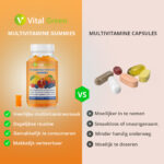 Vergelijking tussen Vital Green multivitamine gummies en traditionele multivitamine capsules met groene vinkjes.
